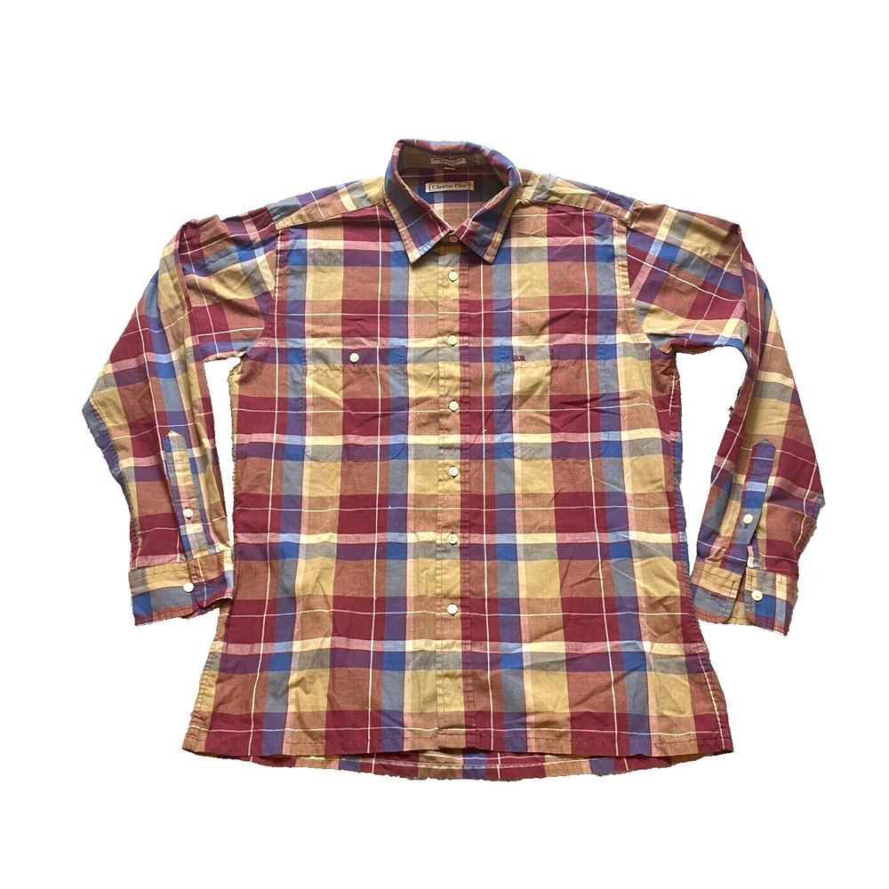 Christian Dior Shirt Adult Medium Maroon Blue Plaid Button Up Casual Pocket Mens